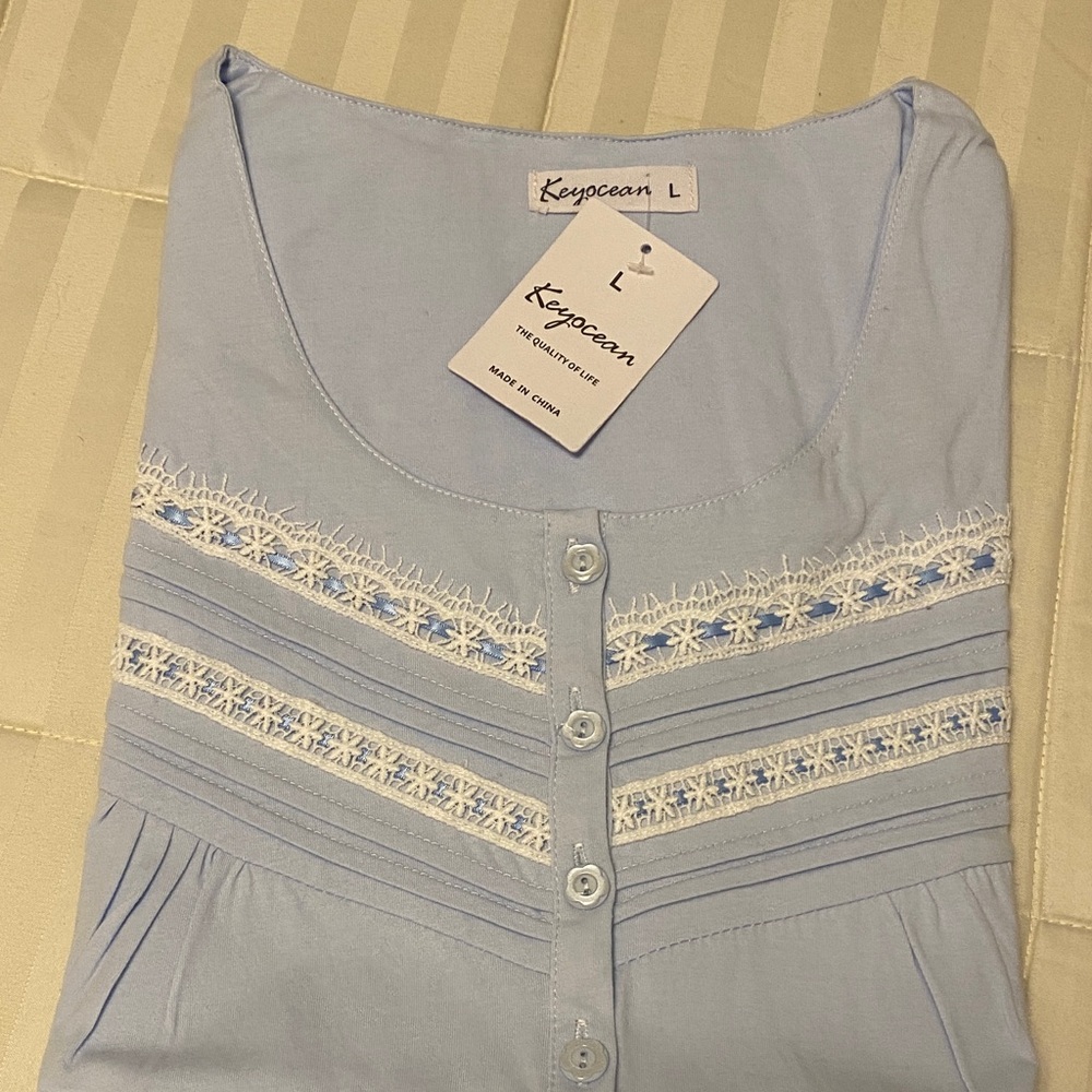 Light Blue Long Sleeve Cotton Nightgown - Large